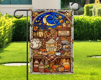 Cozy Halloween Garden Flag, Pumpkin Spice Fall Yard Flag, Stained Glass Autumn Decor, Witchy Moon Porch Flag For Fall Home Decor