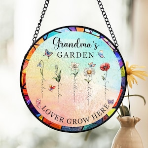 Grandma&#39;s Garden glas-in-lood zonnevanger, gepersonaliseerde geboortebloem raamdecoratie, Moederdagcadeau, aangepast omacadeau