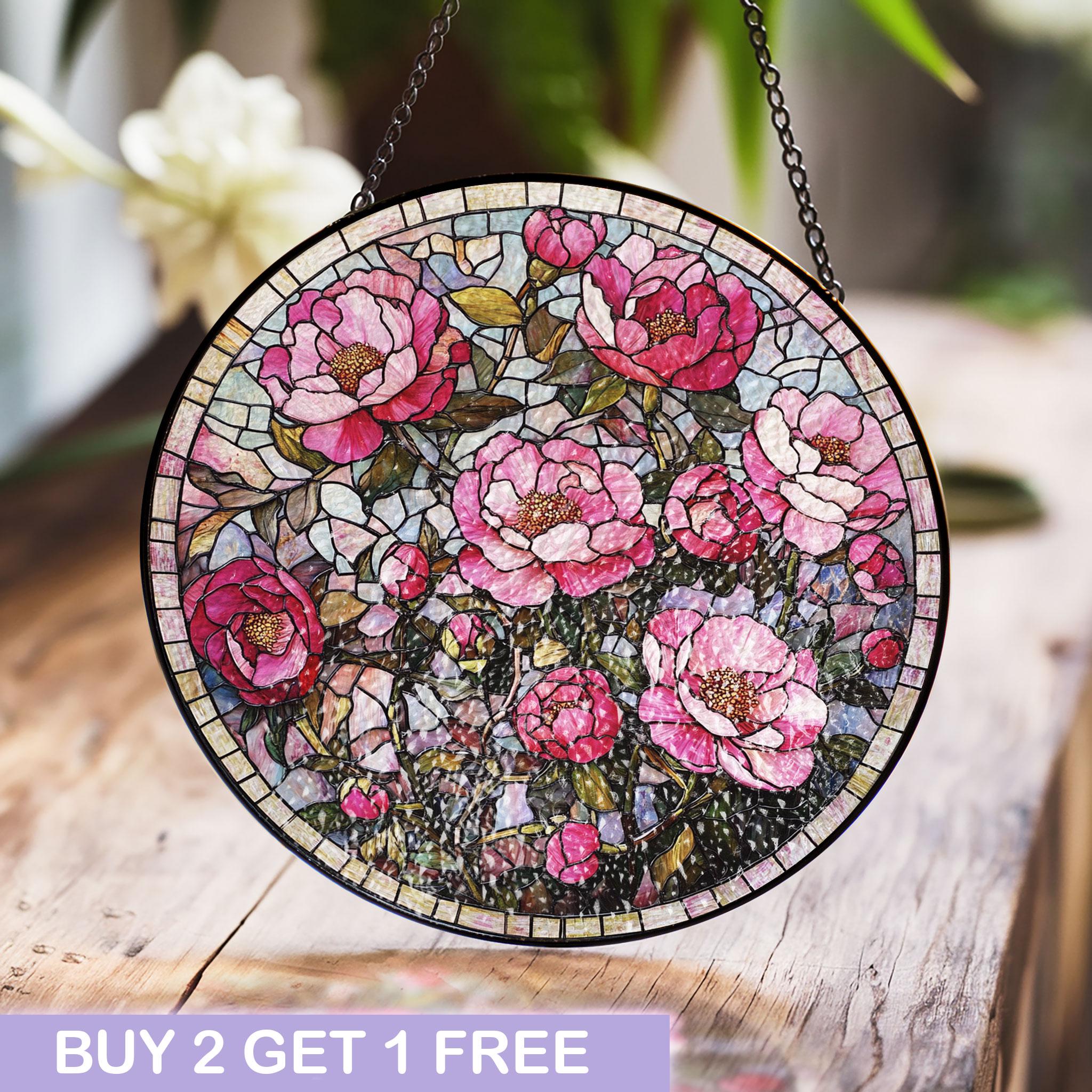 Pink Peony Stained Glass Window Art with Elegant Floral Design