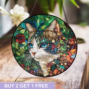 Colorful Cat Stained Glass Suncatcher with Botanical Accents for Window Decor