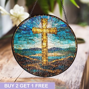 Radiant Cross Stained Glass Panel - Inspirational Christian Art for Home or Church Decor