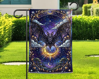 Celestial Bat Garden Flag, Gothic Moon Yard Flag, Witchy Night Sky Garden Decor, Halloween Porch Flag, Pagan Home Gift Idea