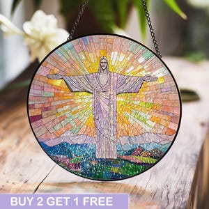 Radiant Christ the Redeemer Stained Glass Panel with Colorful Sunrise Background, Ideal for Spiritual Decor and Window Display