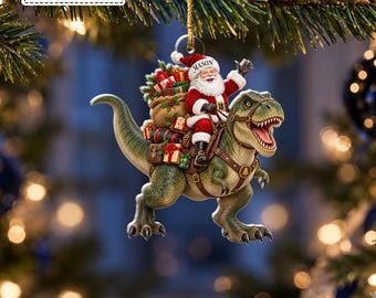 Custom Santa Claus Riding Dinosaur T-Rex Carrying Present Sack Bauble, Funny Dino Wildlife Keepsake Pendant, Gift for Boy