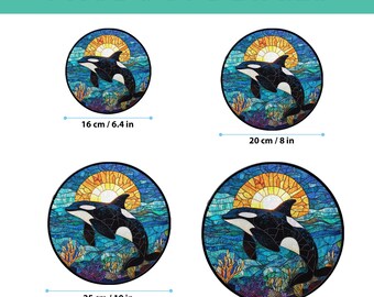 シャチのステンドグラスアートパネル - 夕日の海景を描いた円形窓掛け