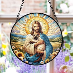 Jesus Hugging Siamese Cat Stained Glass Suncatcher, Comforting Pet Memorial Decor, Christian Cat Lovers, Cat Lovers, Sympathy Gift