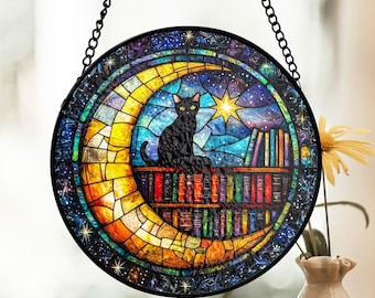 Vitral Gato Preto Lua, Decoração Celestial para Janela, Cantinho de Leitura Bruxo, Detalhe Gótico para Casa, Presente para Amantes de Livros