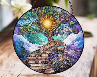 Vibrant Tree of Knowledge Stained Glass Art With Books and Cosmic