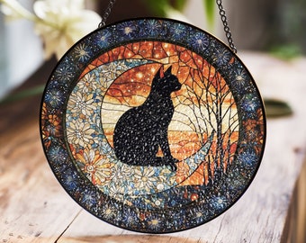 天空の黒猫のステンドグラス - 三日月と花の夜空を飾ったユニークな窓