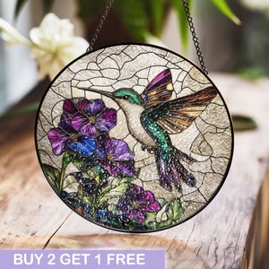 Hummingbird and Flowers Stained Glass Window Hanging - Vibrant Nature Suncatcher