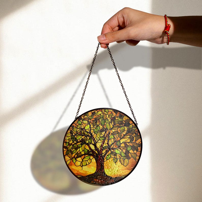 Tree of Life Stained Glass Window Hanging in Warm Earth Tones, Nature ...