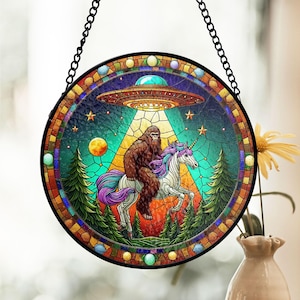 Bigfoot Riding Unicorn Stained Glass Suncatcher, Fantasy UFO Window Decor, Whimsical Galaxy Theme, Mythical Art Gift for Him or Her