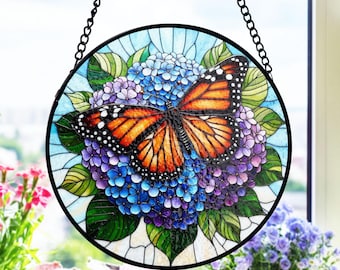 Butterfly and Lilac Flower Stained Glass Suncatcher, Window Hanging Decor, Floral Nature Art, Mother's Day Gift, Home Accent