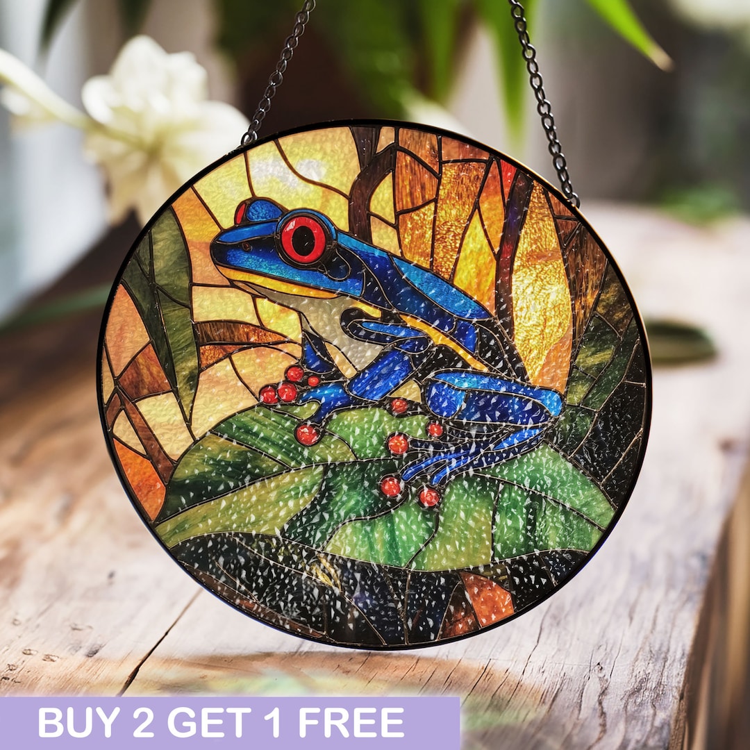 Blue Frog Stained Glass Window Hanging - Vibrant Tropical