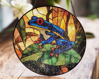 Blue Frog Stained Glass Window Hanging - Vibrant Tropical Suncatcher