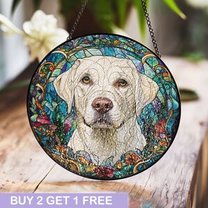 Labrador Stained Glass Panel – Majestic Dog Art Decor with Floral and Nature Accents, Ideal for Labrador Lovers