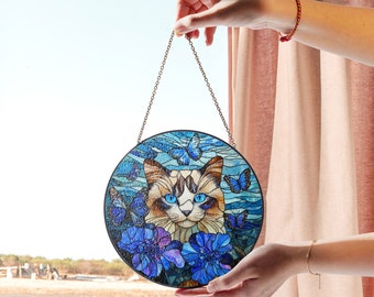 青い目の猫と蝶と花のステンドグラスアート - 気まぐれな猫の自然風景