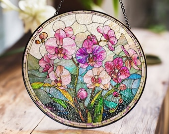 Orchid Stained Glass Suncatcher, Pink Floral Window Decor, Botanical Art Style, Orchid Flower Decor, Garden Lovers Gift Idea