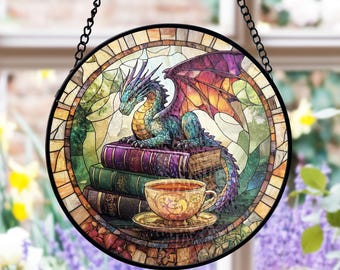Dragon Stained Glass Suncatcher, Fantasy Book Lover Decor, Tea and Coffee Art, Mystical Window Hanging, Gift for Readers