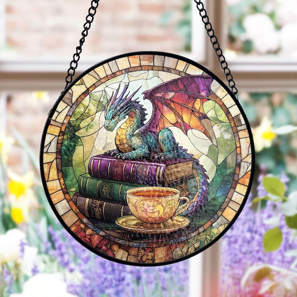 Dragon glas-in-lood zonnevanger, decor fantasyboekenliefhebber, thee- en koffiekunst, mystieke raamhanging, cadeau voor lezers