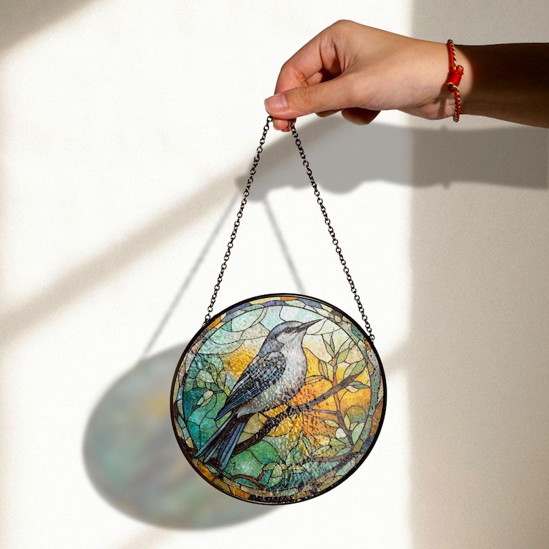 Mocking Window Mockingbird Stained Glass Window Panel With Vibrant Yellow and Green ...