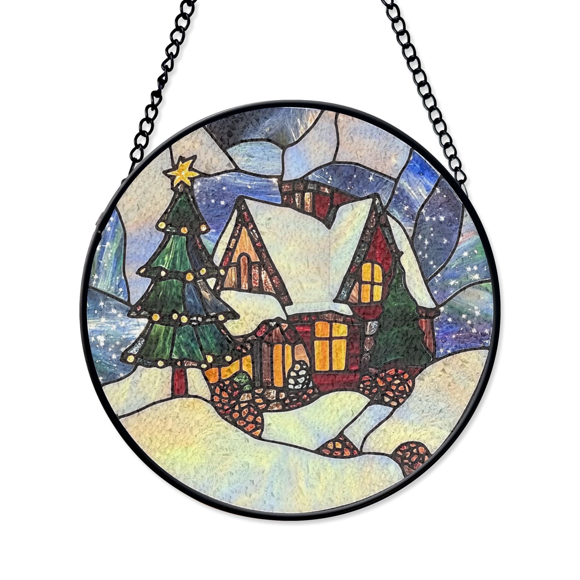 雪景色とクリスマスツリーが描かれた居心地の良い冬のコテージの