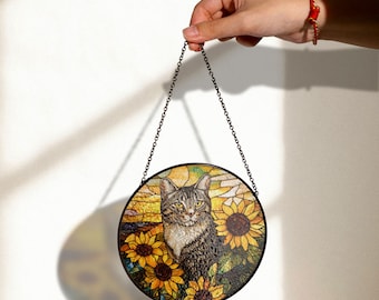 ひまわりとトラ猫のステンドグラスアート - 明るく温かみのある猫の窓