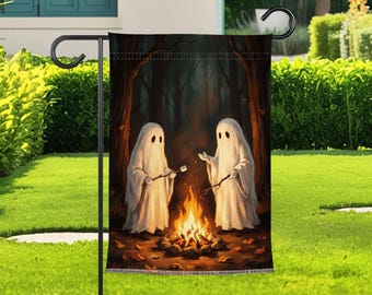 Cute Ghost Campfire Garden Flag, Spooky Halloween Yard Flag, Cozy Forest Ghosts Outdoor Decor, Fall Haunted Porch Gift Idea