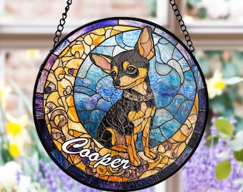 Custom Name Dog Chihuahua Stained Glass Suncatcher, Personalized Pet Memorial, Window Hanging Art, Unique Gift for Dog Lovers