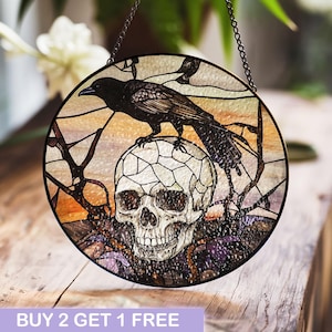 Raven and Skull Stained Glass Roundel - Gothic Home Decor