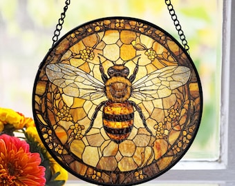 Bee Stained Glass Suncatcher, Honeycomb Window Art, Nature-Inspired Decor, Mother’s Day Gift, Garden Lover Accent