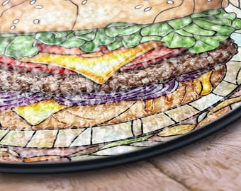 ハンバーガーのステンドグラスサンキャッチャー、レトロなダイナー風