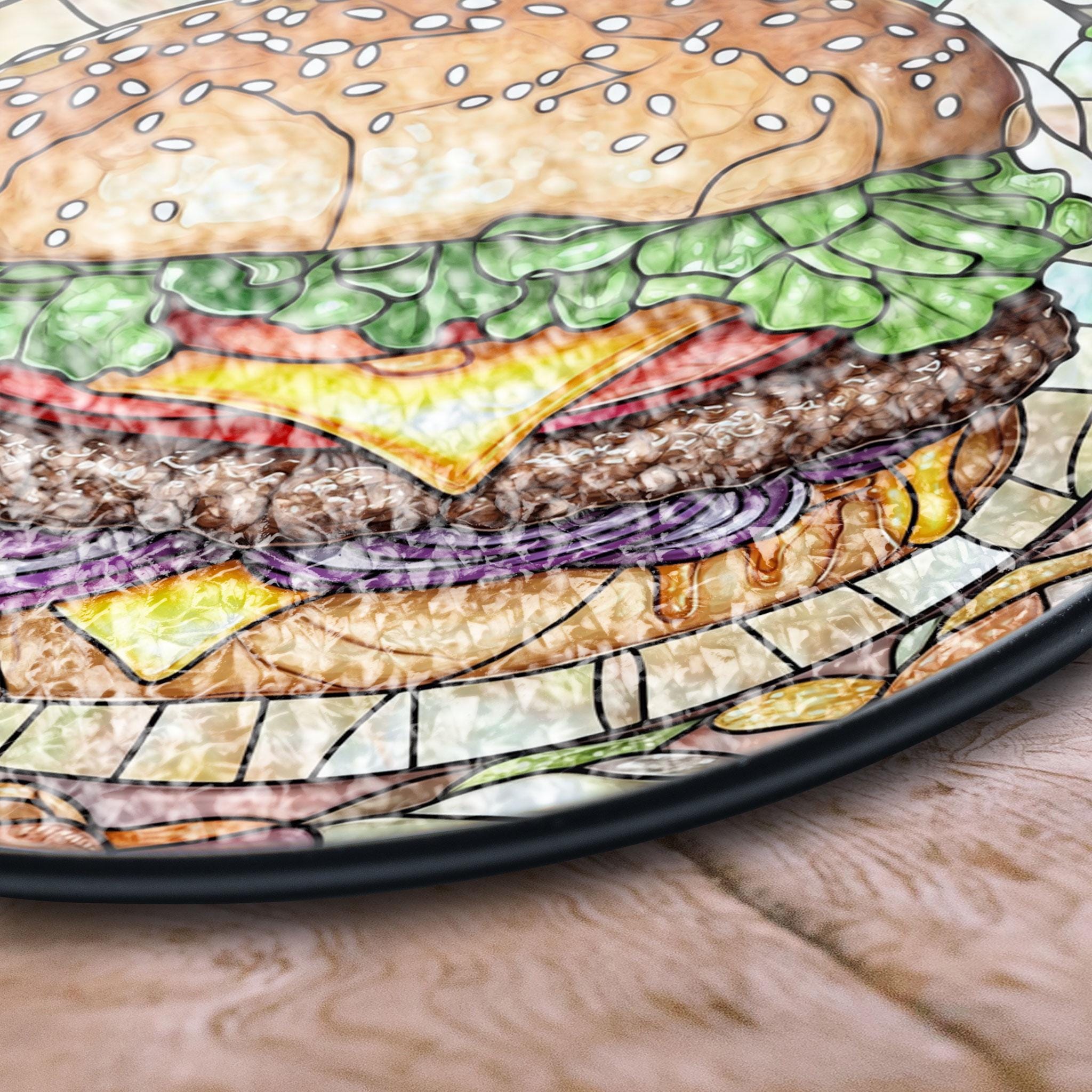 ハンバーガーセットのステンドグラスパネル ハンバーガーのステンドグラスサンキャッチャー、レトロなダイナー風