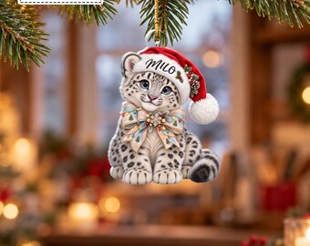 Custom Cute Baby Snow Leopard Cub Floral Ribbon Bow Santa Hat Bauble, Wild Cat Animal Lover Keepsake Pendant, Gift for Niece