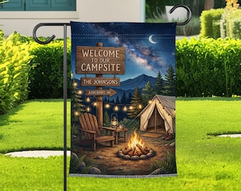Bandera de jardín personalizada para camping, letrero de bienvenida a nuestro camping, bandera de jardín personalizada para la familia, decoración para tiendas de campaña al aire libre, regalo para papá campista.