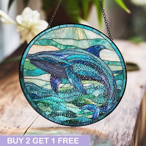 Blue Whale Stained Glass Suncatcher, Window & Wall Pendant Decoration, Unique Nature-Inspired Home Decor, Boho Style Sun Catcher