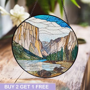 Majestic Mountain Landscape Stained Glass Panel – Nature-Inspired Window Art for Home Decor