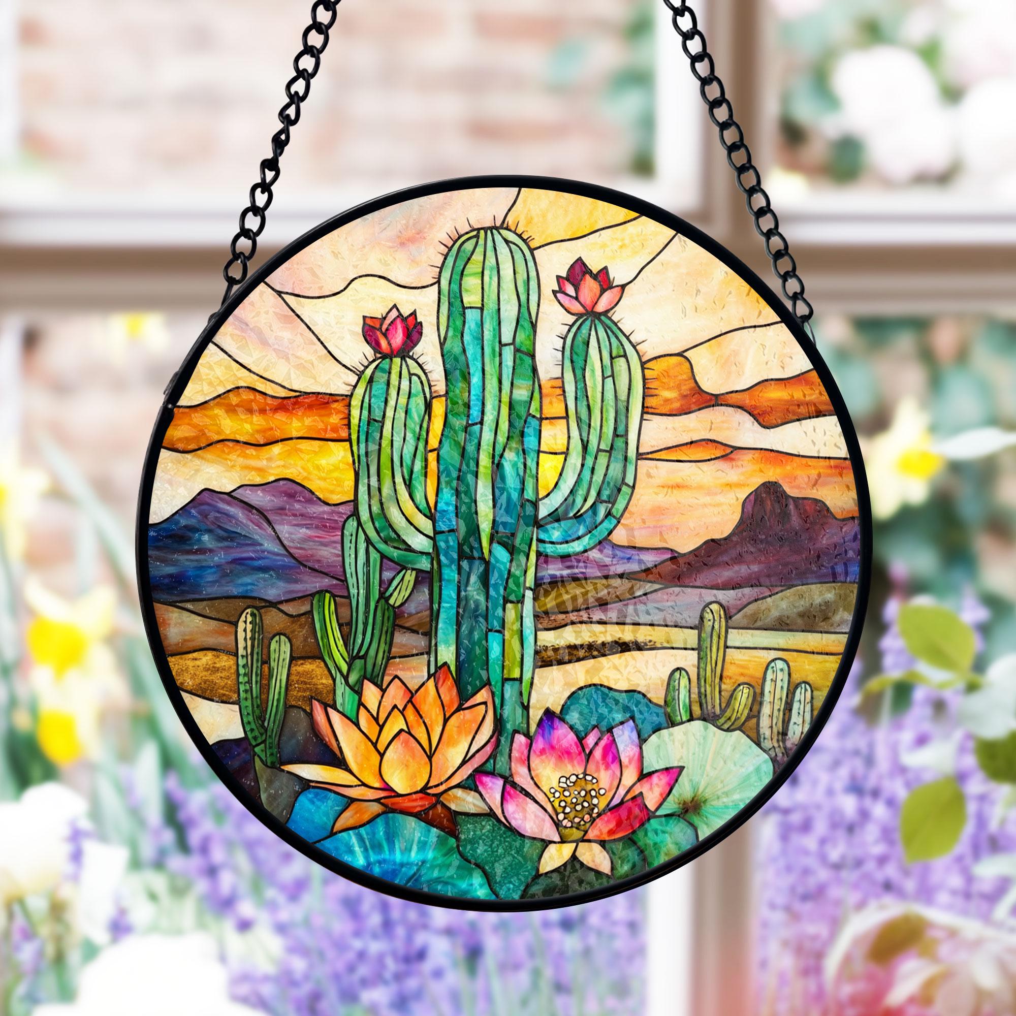 Cactus Desert Suncatcher, Sunset Bloom Window Art, Southwest Boho Style, Faux Stained Glass, Nature Lover Decor, Gift for Her