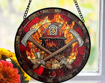 Atrapasueños de vitrales de bomberos, decoración de llamas de hacha heroica, exhibición de pared en homenaje a un bombero, regalo para papá, idea para el Día del Padre