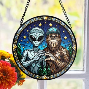 Alien and Bigfoot Stained Glass Suncatcher, Funny Friendship Decor, Space Forest Theme, Gift for Cryptid Lovers, Gift For Friend