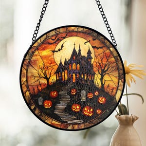 Haunted House Stained Glass Suncatcher, Spooky Pumpkin Path Design, Halloween Decor Accent, Horror Fans, Fall Gift Idea