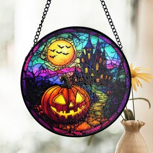 Halloween Pumpkin Stained Glass Suncatcher, Haunted House Window Decor, Gothic Spooky Style, Fall Decor Lovers, October Gift