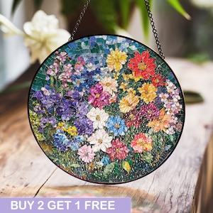 Vibrant Floral Stained Glass Panel with Colorful Wildflowers – Perfect Botanical Decor for Home and Unique Gift