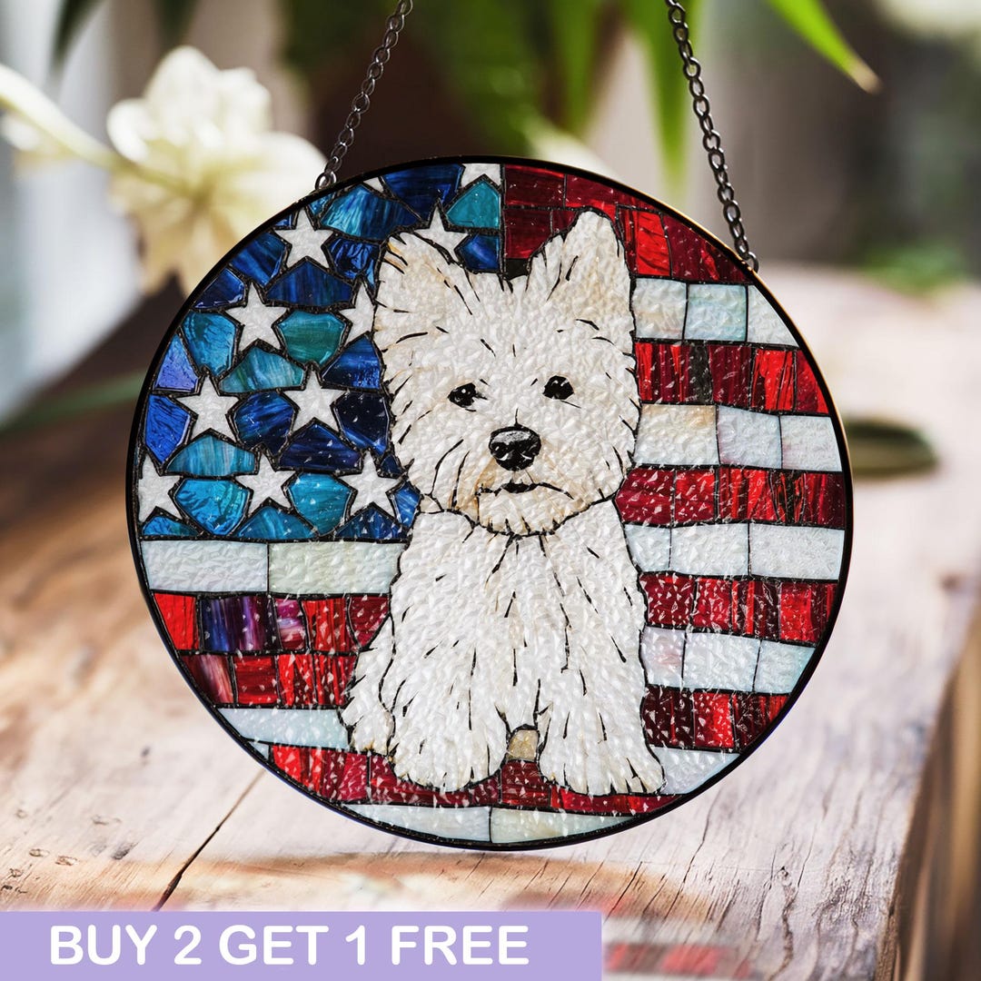 Stained Glass Westie Dog With American Flag Window Hanging - Main Image