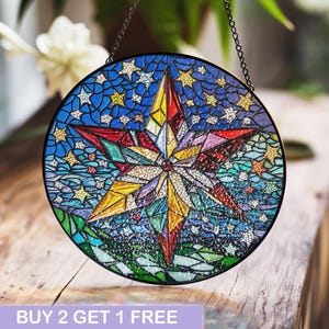 Radiant Star Stained Glass Panel – Colorful Starburst Window Art for Home Decor