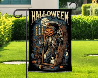 Halloween Garden Flag With Pumpkin Reaper, Spooky Yard Flag Decor, Grim Reaper Coffin Garden Banner, Haunted Porch Flag Decor