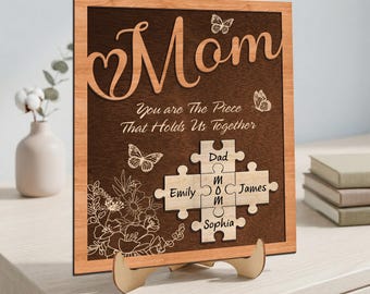 Personalized Family Puzzle Frame for Mom, Custom Name Wooden Frame, Mother’s Day Gift, Floral Mom Keepsake Decor