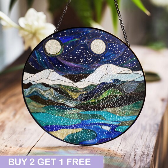 Moonlit Mountain Landscape Stained Glass Window Hanging, Celestial
