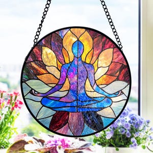 Yoga glas in lood zonnevanger, lotus meditatie raam hangend, chakra spiritueel decor, zenkunst glas, mindfulness cadeau, yoga kamer decor