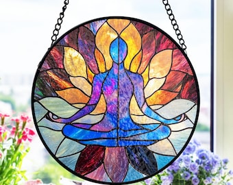 Yoga glas in lood zonnevanger, lotus meditatie raam hangend, chakra spiritueel decor, zenkunst glas, mindfulness cadeau, yoga kamer decor